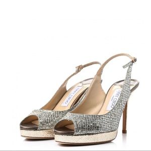 Jimmy Choo Nova Slingback Sparkle Glitter Platform Peep Toe Heels